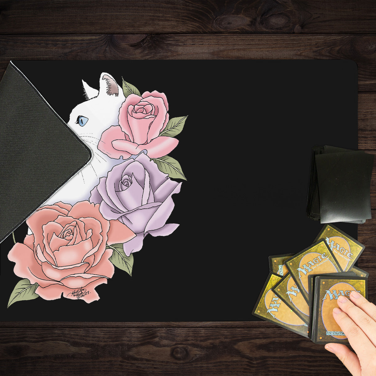 White Cat And Roses Playmat - Premium Desk Mat from Inked Gaming - Just $34.99! Shop now at Game Crave Tournament Store
