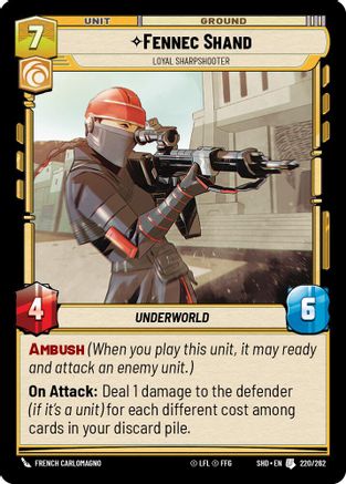 Fennec Shand - Loyal Sharpshooter (220/262) - Shadows of the Galaxy Foil - Premium Star Wars: Unlimited Single from Shadows of the Galaxy - Just $0.08! Shop now at Game Crave Tournament Store