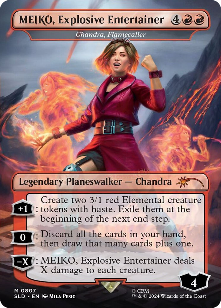 Chandra, Flamecaller (SLD-807) - Secret Lair Drop / MEIKO, Explosive Entertainer (Borderless) Foil - Premium MTG Single from Wizards of the Coast - Just $0.91! Shop now at Game Crave Tournament Store