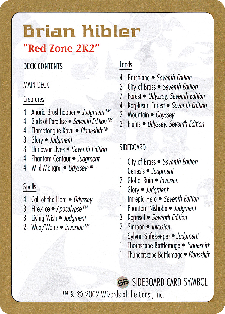 Brian Kibler Decklist (WC02-BK0B) - World Championship Decks 2002