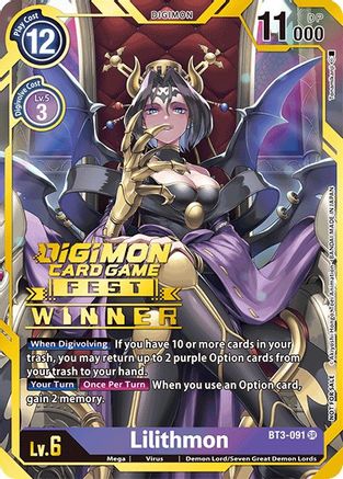 Lilithmon (Digimon Card Game Fest 2022 Winner) (BT3-091) - Release Special Booster Foil - Premium Digimon Single from Bandai - Just $2850! Shop now at Game Crave Tournament Store