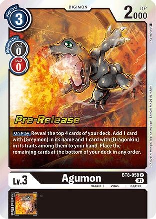 Agumon (BT8-058) - New Awakening Pre-Release Cards Foil - Premium Digimon Single from Bandai - Just $0.93! Shop now at Game Crave Tournament Store