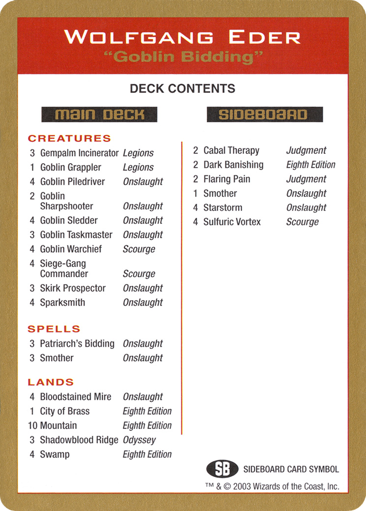 Wolfgang Eder Decklist (WC03-WE0B) - World Championship Decks 2003 - Premium MTG Single from Wizards of the Coast - Just $1.66! Shop now at Game Crave Tournament Store