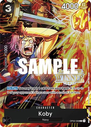 Koby (Offline Regional 2023) [Winner] (OP02-098) - One Piece Promotion Cards Foil - Premium One Piece Single from Bandai - Just $949.99! Shop now at Game Crave Tournament Store