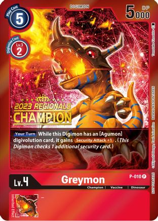 Greymon - P-010 (2023 Regionals Champion) (P-010) - Digimon Promotion Cards Foil - Premium Digimon Single from Bandai - Just $5.70! Shop now at Game Crave Tournament Store