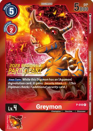 Greymon - P-010 (2023 Regionals Participant) (P-010) - Digimon Promotion Cards Foil - Premium Digimon Single from Bandai - Just $0.16! Shop now at Game Crave Tournament Store