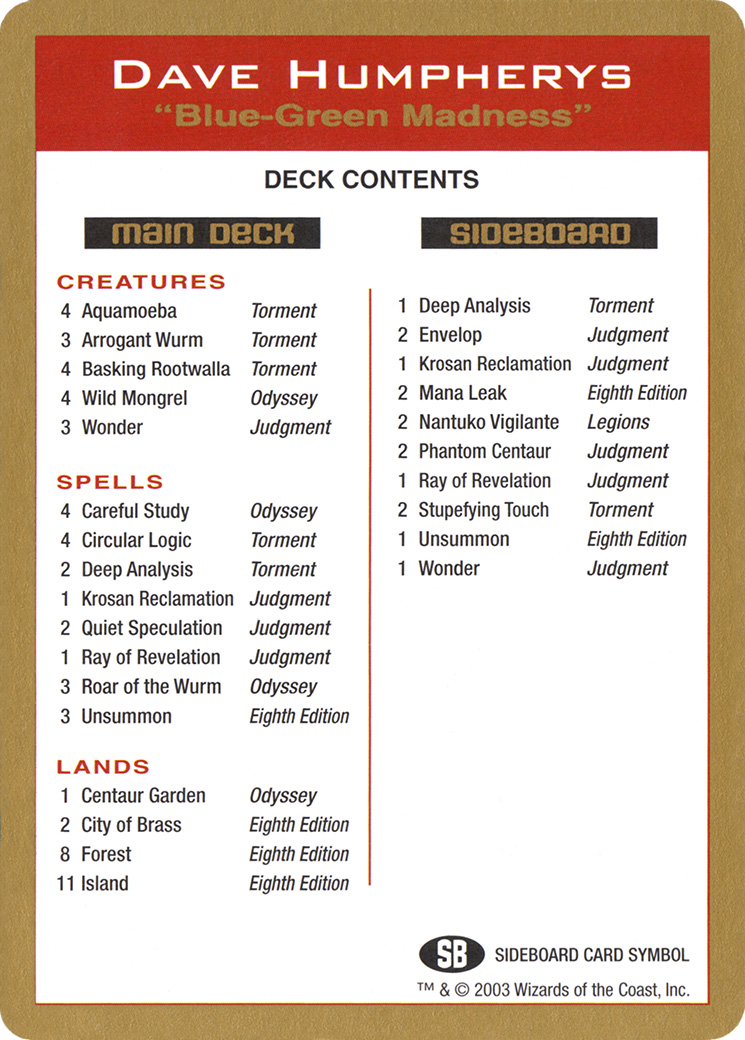 Dave Humpherys Decklist (WC03-DH0B) - World Championship Decks 2003 - Premium MTG Single from Wizards of the Coast - Just $0.48! Shop now at Game Crave Tournament Store