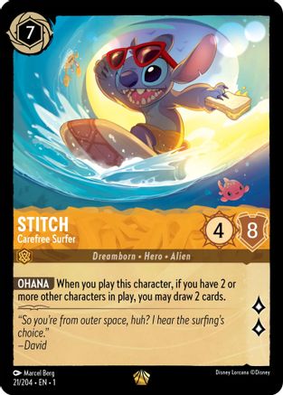 Stitch - Carefree Surfer (21/204) - The First Chapter - Premium Lorcana Single from Disney - Just $3.15! Shop now at Game Crave Tournament Store