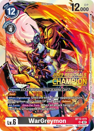WarGreymon (2023 Regionals Champion) (BT12-070) - Across Time - Premium Digimon Single from Bandai - Just $42.89! Shop now at Game Crave Tournament Store