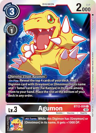Agumon - BT12-059 (Official Tournament Pack Vol.11) (BT12-059) - Across Time Foil - Premium Digimon Single from Bandai - Just $0.32! Shop now at Game Crave Tournament Store