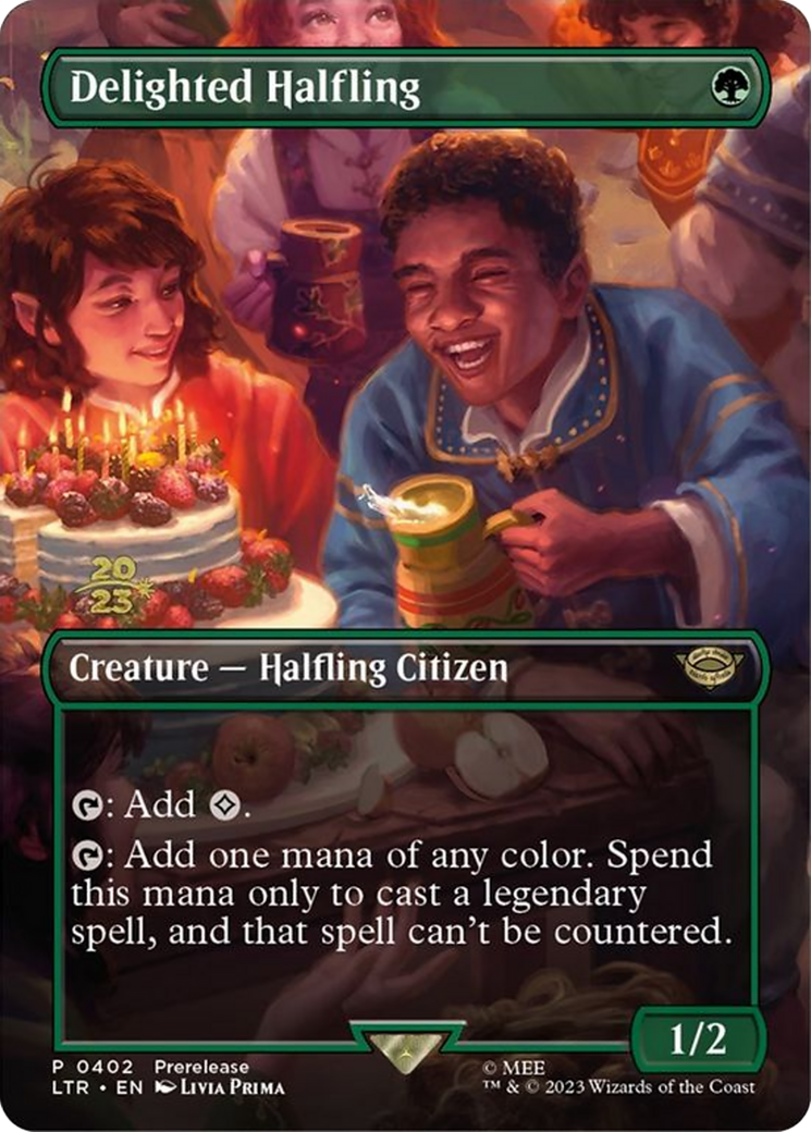 Delighted Halfling (PLTR-402) - Tales of Middle-earth Promos (Borderless) Foil - Premium MTG Single from Wizards of the Coast - Just $4.45! Shop now at Game Crave Tournament Store