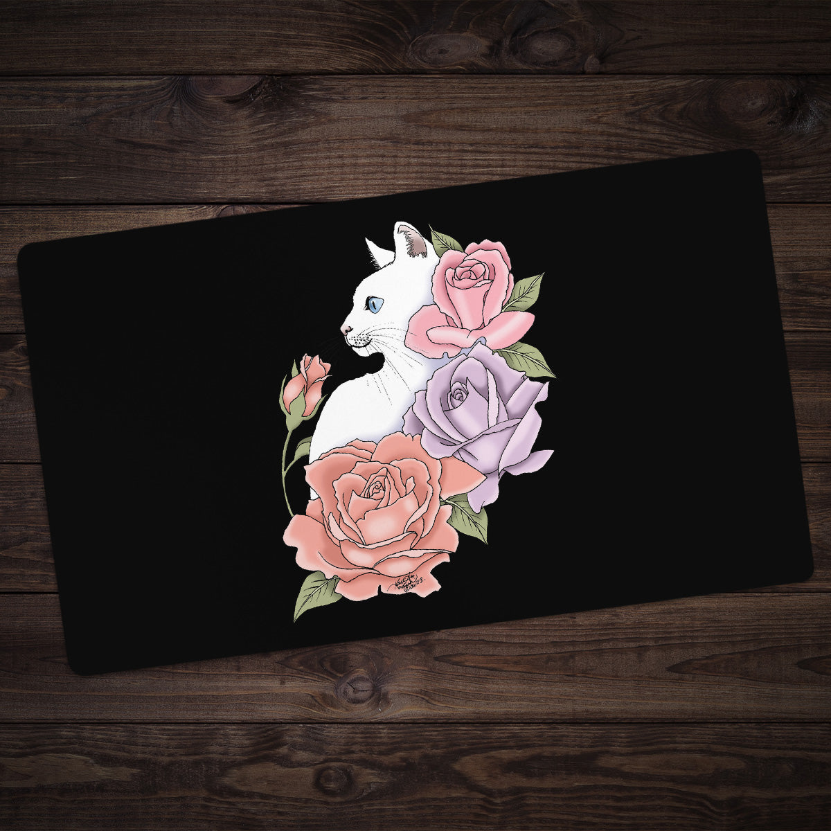 White Cat And Roses Playmat - Premium Desk Mat from Inked Gaming - Just $34.99! Shop now at Game Crave Tournament Store