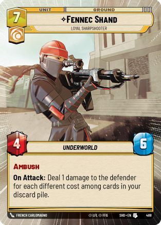 Fennec Shand - Loyal Sharpshooter (Hyperspace) (488) - Shadows of the Galaxy - Premium Star Wars: Unlimited Single from Shadows of the Galaxy - Just $0.22! Shop now at Game Crave Tournament Store
