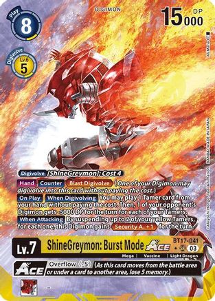 ShineGreymon: Burst Mode ACE (Alternate Art) (BT17-041) - Secret Crisis Foil - Premium Digimon Single from Bandai - Just $28.10! Shop now at Game Crave Tournament Store