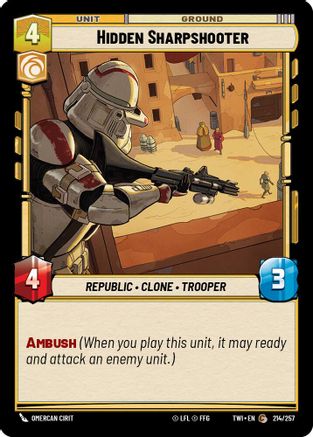 Hidden Sharpshooter (214/257) - Twilight of the Republic - Premium Star Wars: Unlimited Single from Twilight of the Republic - Just $0.08! Shop now at Game Crave Tournament Store