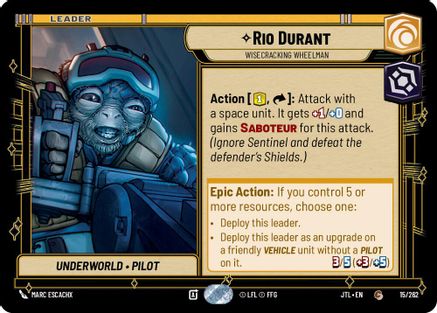 Rio Durant - Wisecracking Wheelman (015/262) - Jump to Lightspeed - Premium Star Wars: Unlimited Single from Fantasy Flight Games - Just $0.08! Shop now at Game Crave Tournament Store