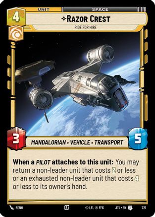 Razor Crest - Ride For Hire (Foil) (721) - Jump to Lightspeed Foil - Premium Star Wars: Unlimited Single from Fantasy Flight Games - Just $0.08! Shop now at Game Crave Tournament Store