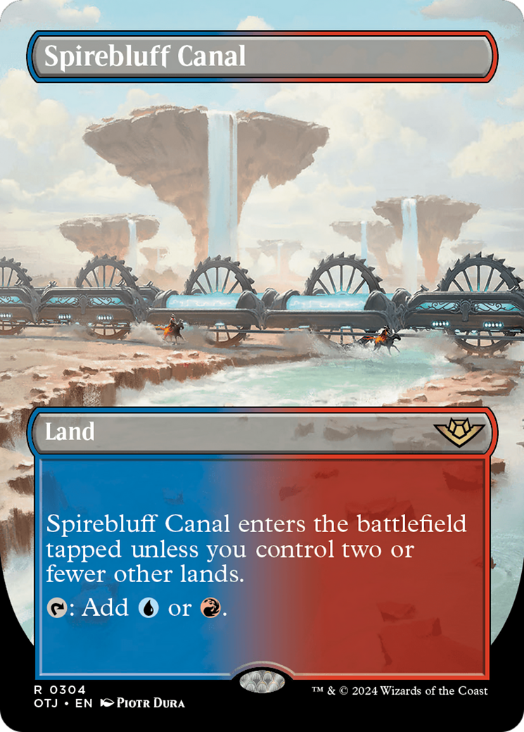 Spirebluff Canal (OTJ-304) - Outlaws of Thunder Junction (Borderless) Foil - Premium MTG Single from Wizards of the Coast - Just $4.63! Shop now at Game Crave Tournament Store