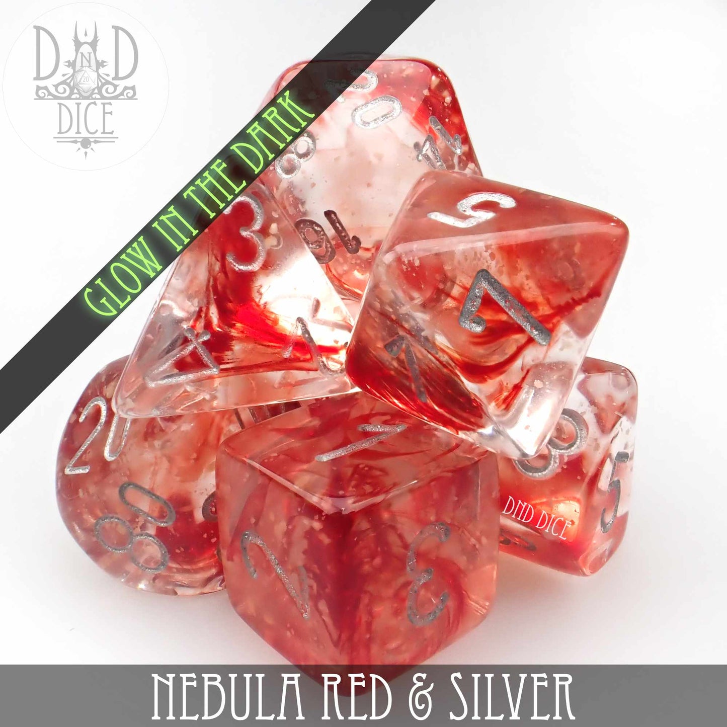 Nebula Red & Silver Dice Set (Glow) - Premium Dice Sets & Games from DND DICE - Just $12! Shop now at Game Crave Tournament Store