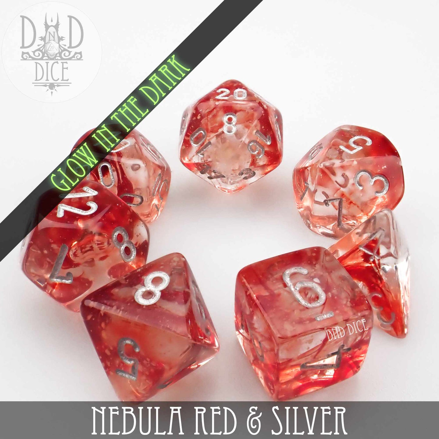 Nebula Red & Silver Dice Set (Glow) - Premium Dice Sets & Games from DND DICE - Just $12! Shop now at Game Crave Tournament Store