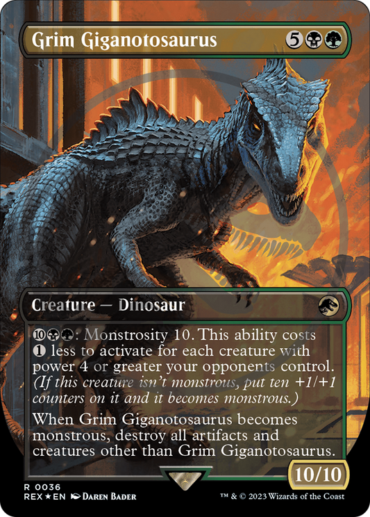 Grim Giganotosaurus (REX-036) - Jurassic World Collection (Borderless) Foil - Premium MTG Single from Wizards of the Coast - Just $27.60! Shop now at Game Crave Tournament Store