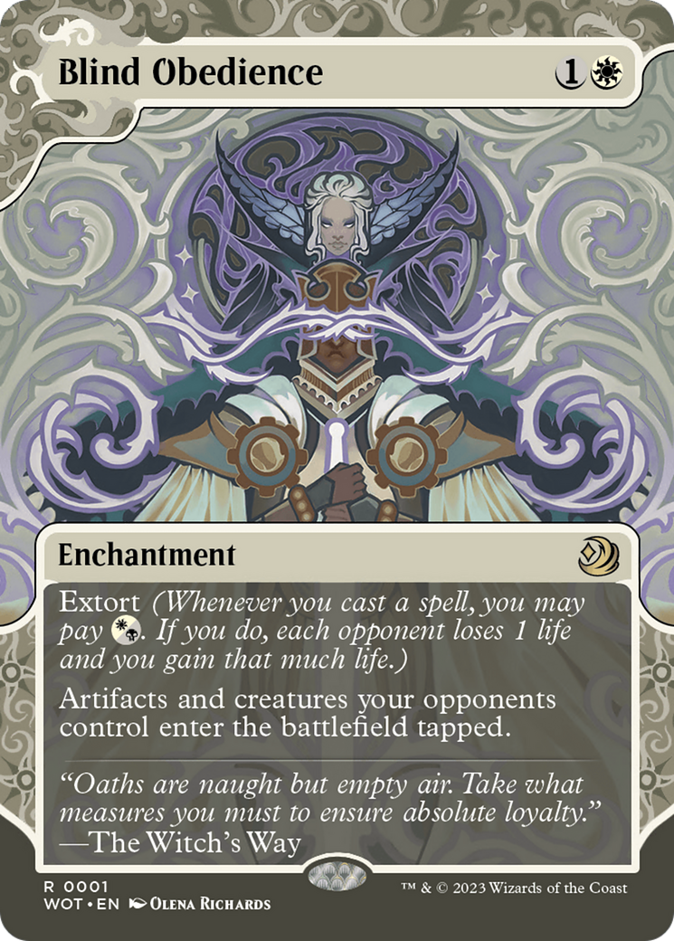 Blind Obedience (WOT-001) - Wilds of Eldraine: Enchanting Tales: (Showcase) (Borderless) - Premium MTG Single from Wizards of the Coast - Just $0.46! Shop now at Game Crave Tournament Store