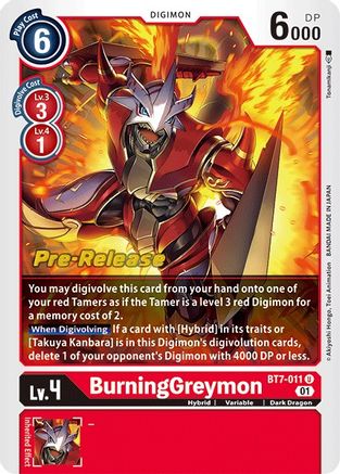 BurningGreymon (BT7-011) - Next Adventure Pre-Release Cards Foil - Premium Digimon Single from Bandai - Just $4.66! Shop now at Game Crave Tournament Store