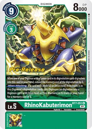 Rhinokabuterimon (BT7-051) - Next Adventure Pre-Release Cards Foil - Premium Digimon Single from Bandai - Just $4.08! Shop now at Game Crave Tournament Store
