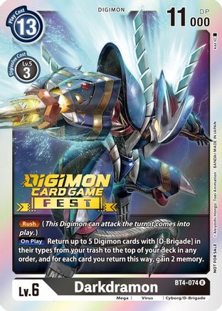 Darkdramon (Digimon Card Game Fest 2022) (BT4-074) - Great Legend Foil - Premium Digimon Single from Bandai - Just $0.51! Shop now at Game Crave Tournament Store