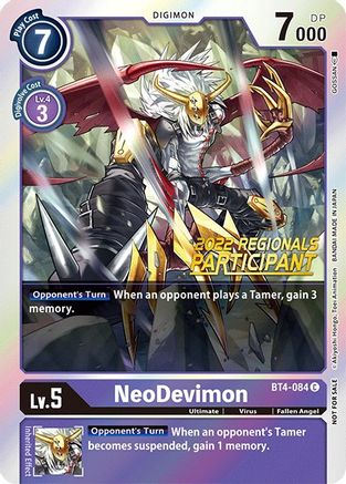 NeoDevimon (2022 Championship Online Regional) [Online Participant] (BT4-084) - Great Legend Foil - Premium Digimon Single from Bandai - Just $0.74! Shop now at Game Crave Tournament Store