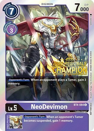 NeoDevimon (2022 Championship Online Regional) [Online Champion] (BT4-084) - Great Legend Foil - Premium Digimon Single from Bandai - Just $51.30! Shop now at Game Crave Tournament Store