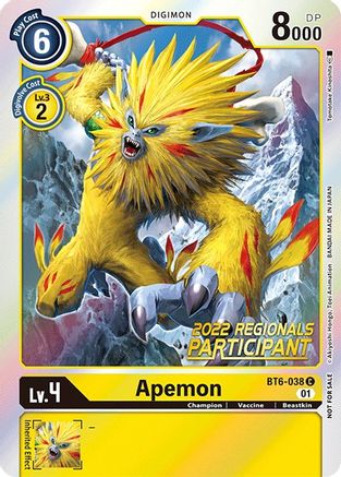 Apemon (2022 Championship Online Regional) [Online Participant] (BT6-038) - Double Diamond Foil - Premium Digimon Single from Bandai - Just $0.25! Shop now at Game Crave Tournament Store