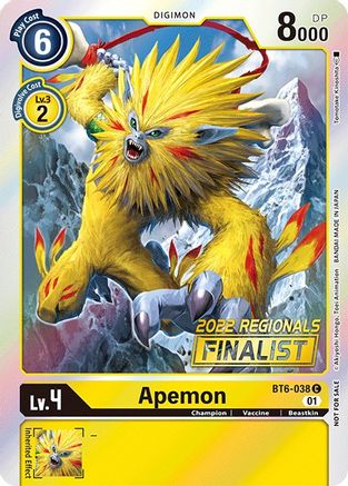 Apemon (2022 Championship Online Regional) [Online Finalist] (BT6-038) - Double Diamond Foil - Premium Digimon Single from Bandai - Just $0.73! Shop now at Game Crave Tournament Store