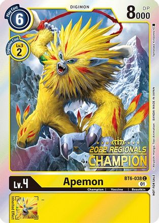 Apemon (2022 Championship Online Regional) [Online Champion] (BT6-038) - Double Diamond Foil - Premium Digimon Single from Bandai - Just $28.49! Shop now at Game Crave Tournament Store