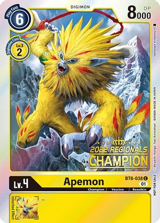Apemon (2022 Championship Online Regional) [Online Champion] (BT6-038) - Double Diamond Foil - Premium Digimon Single from Bandai - Just $34.46! Shop now at Game Crave Tournament Store