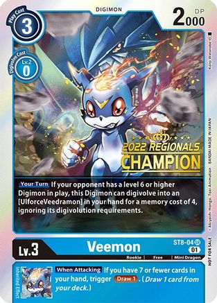 Veemon (2022 Championship Online Regional) [Online Champion] (ST8-04) - Starter Deck 08: Ulforce Veedramon Foil - Premium Digimon Single from Bandai - Just $28.41! Shop now at Game Crave Tournament Store