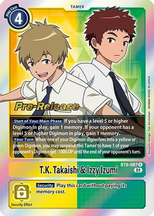 T.K. Takaishi & Izzy Izumi (BT9-087) - X Record Pre-Release Cards Foil - Premium Digimon Single from Bandai - Just $0.87! Shop now at Game Crave Tournament Store
