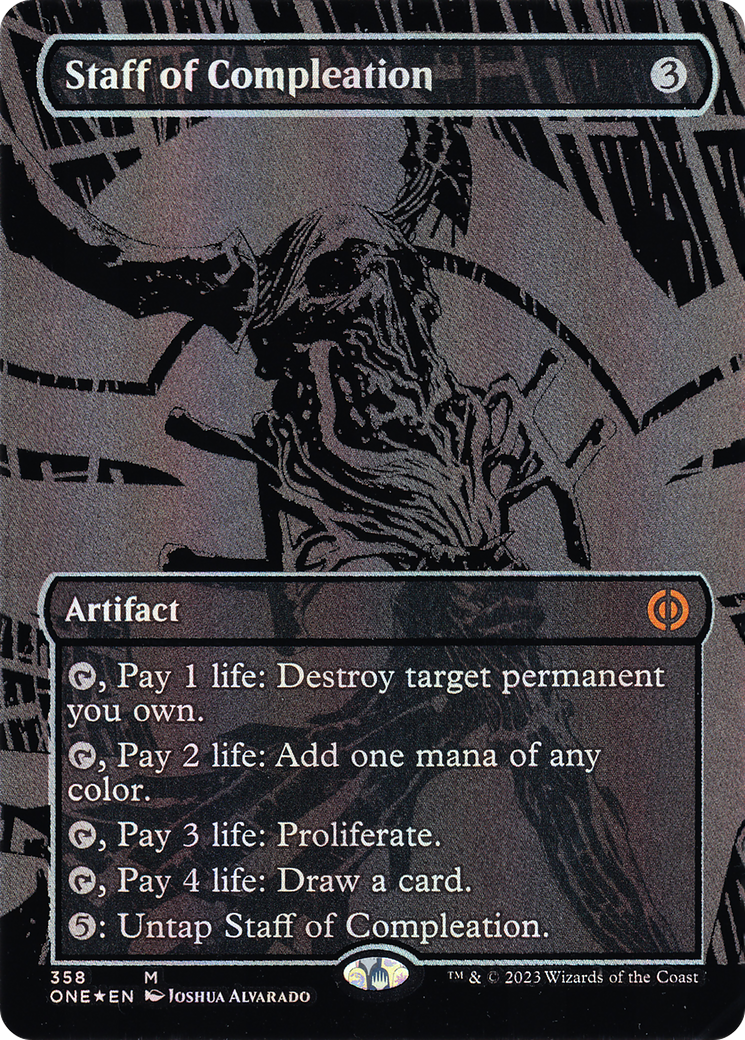 Staff of Compleation (ONE-358) - Phyrexia: All Will Be One (Borderless) Foil - Premium MTG Single from Wizards of the Coast - Just $17.29! Shop now at Game Crave Tournament Store