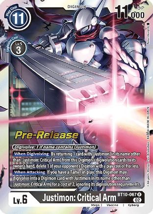 Justimon: Critical Arm (BT10-067) - Xros Encounter Pre-Release Cards - Premium Digimon Single from Bandai - Just $1.33! Shop now at Game Crave Tournament Store