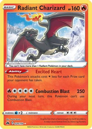 Radiant Charizard 20/159 - Crown Zenith Holofoil - Premium Pokemon Single from Nintendo - Just $3.45! Shop now at Game Crave Tournament Store