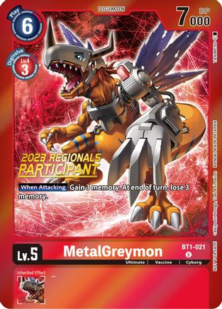 MetalGreymon - BT1-021 (2023 Regionals Participant) (BT1-021) - Release Special Booster Foil - Premium Digimon Single from Bandai - Just $0.18! Shop now at Game Crave Tournament Store
