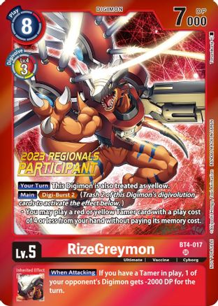RizeGreymon (2023 Regionals Participant) (BT4-017) - Great Legend Foil - Premium Digimon Single from Bandai - Just $0.09! Shop now at Game Crave Tournament Store