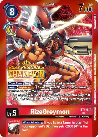 RizeGreymon (2023 Regionals Champion) (BT4-017) - Great Legend Foil - Premium Digimon Single from Bandai - Just $8.55! Shop now at Game Crave Tournament Store