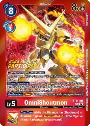 OmniShoutmon (2023 Regionals Participant) (BT11-015) - Dimensional Phase Foil - Premium Digimon Single from Bandai - Just $0.28! Shop now at Game Crave Tournament Store