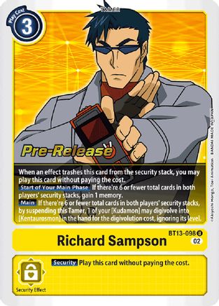 Richard Sampson (BT13-098) - Versus Royal Knights Pre-Release Cards Foil - Premium Digimon Single from Bandai - Just $0.08! Shop now at Game Crave Tournament Store