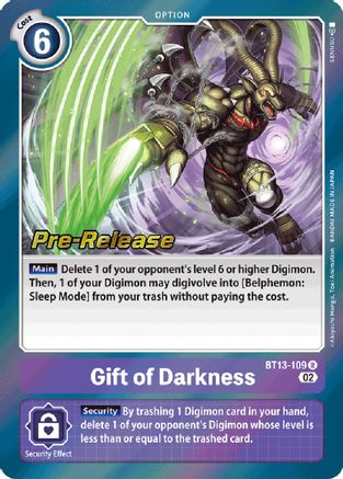 Gift of Darkness (BT13-109) - Versus Royal Knights Pre-Release Cards Foil - Premium Digimon Single from Bandai - Just $0.95! Shop now at Game Crave Tournament Store