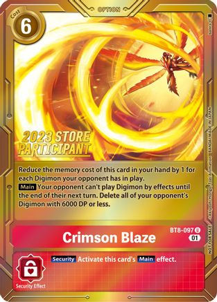 Crimson Blaze (2023 Store Participant) (BT8-097) - New Awakening Foil - Premium Digimon Single from Bandai - Just $7.08! Shop now at Game Crave Tournament Store