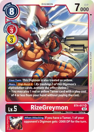 RizeGreymon - BT4-017 (Resurgence Booster Reprint) (BT4-017) - Resurgence Booster Foil - Premium Digimon Single from Bandai - Just $0.25! Shop now at Game Crave Tournament Store