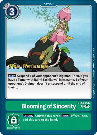 Blooming of Sincerity (BT14-096) - Blast Ace Pre-Release Cards Foil - Premium Digimon Single from Bandai - Just $0.08! Shop now at Game Crave Tournament Store