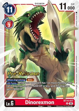 Dinorexmon (BT14-017) - Blast Ace Pre-Release Cards Foil - Premium Digimon Single from Bandai - Just $0.31! Shop now at Game Crave Tournament Store